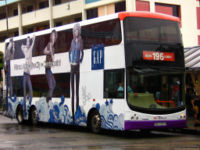 A bus with an advertisement for GAP in Singapore. Buses and other vehicles are popular mediums for advertisers.